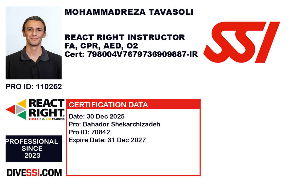 SSI React Right Instructor certification card (First Aid, CPR, AED, O2)